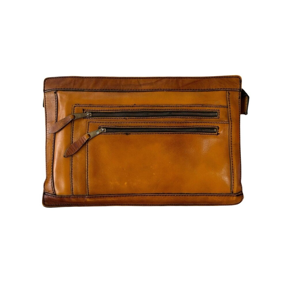 Mid-Century Vintage Leather Clutch Travel Bag with Snap Down Wrist Strap- Cognac